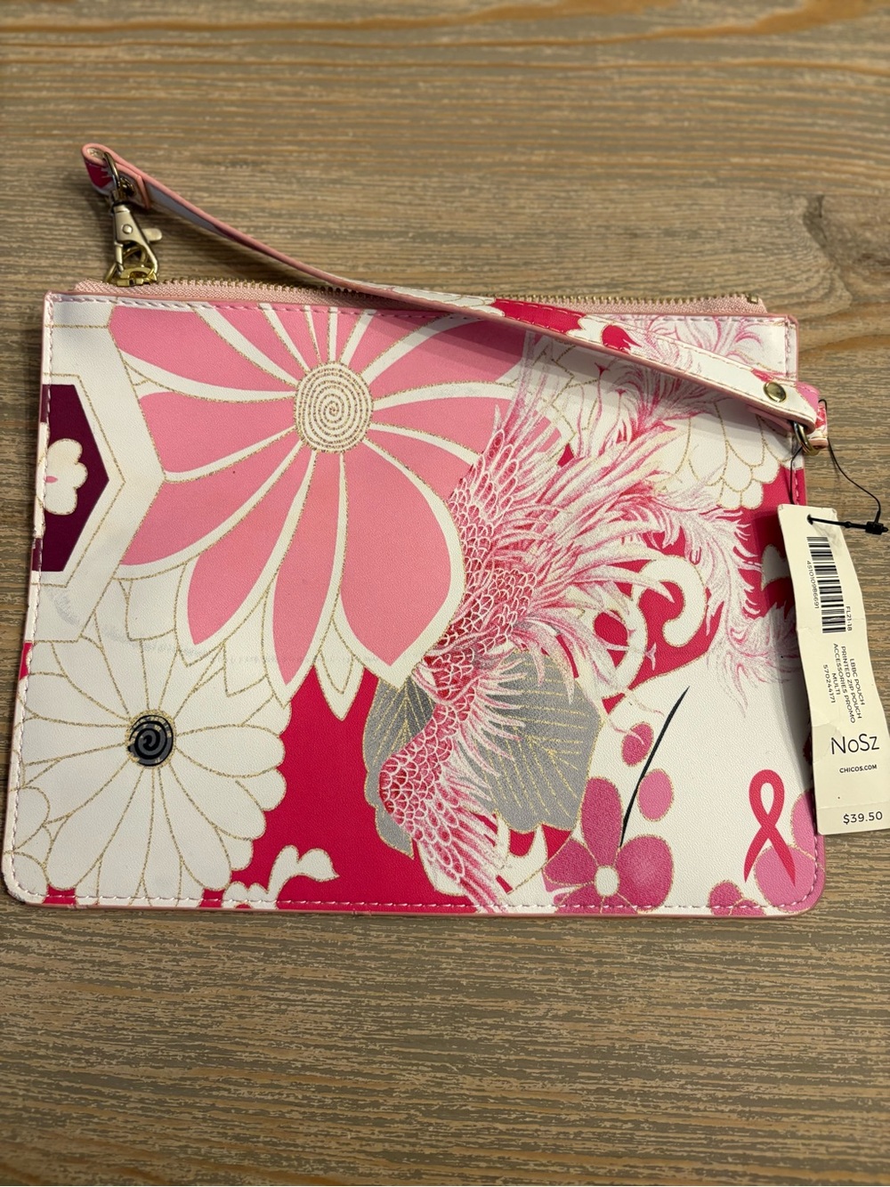 NWT Chico's Pink Floral Print Wristlet Clutch with Gray Accents